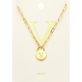 -V- Brass Metal Monogram Lock Pendant Necklace