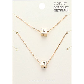 2PCS - -N- Monogram Metal Cube Pendant Necklace / Bracelet Set