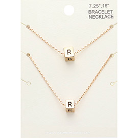 2PCS - -R- Monogram Metal Cube Pendant Necklace / Bracelet Set