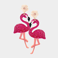 Glittered Resin Flower Flamingo Dangle Earrings