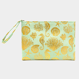 Metallic Sea Life Starfish Seahorse Coral Patterned Pouch Clutch Bag