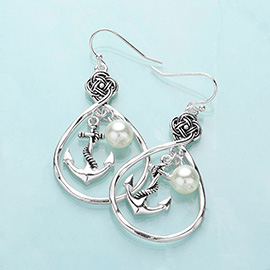 Anchor Pearl Accented Open Metal Teardrop Dangle Earrings