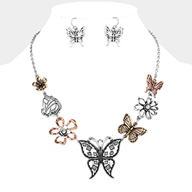 Stone Embellished Flower Butterfly Link Necklace