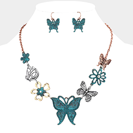 Stone Embellished Flower Butterfly Link Necklace