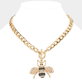 Pearl Embellished Bee Pendant Toggle Necklace