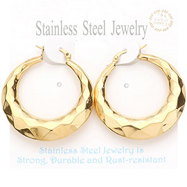 18K Gold Dipped Stainless Steel 1.6 Inch Textured Metal Hoop Pin Catch Earrings