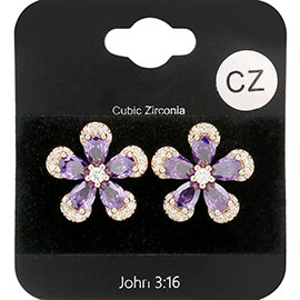 CZ Teardrop Accented Flower Stud Evening Earrings