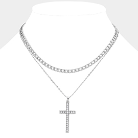 Silver Dipped Stone Paved Cross Pendant Cuban Chain Layered Necklace
