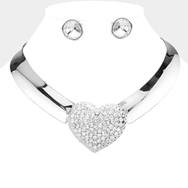 Heart Rhinestone Paved Pendant Accented Metal Evening Choker Necklace