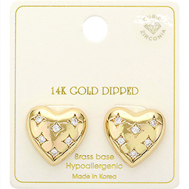 14K Gold Dipped CZ Stone Paved Puffy Heart Stud Earrings