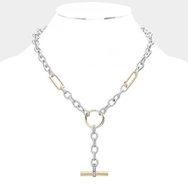 14K Gold Plated Two Tone Textured Metal Link Toggle Necklace