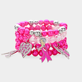 4PCS - Enamel Pink Ribbon Afro Woman High Heel Wing Heart Charm Pearl Beaded Stretch Multi Layered Bracelets