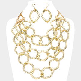 Oversized Textured Metal Link Triple Layered Statement Necklace