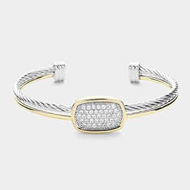 CZ Stone Paved Oval Pointed Two Tone Cuff Bracelet