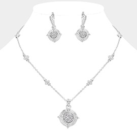 Stone Paved Round Pendant Pointed Necklace Earrings Set