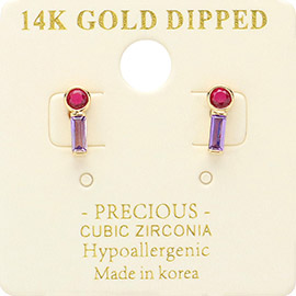 14K Gold Dipped Round Bar CZ Stone Stud Earrings