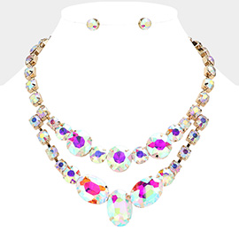 Oval Round Glass Stone Cluster Link Layered Evening Necklace