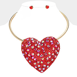 Stone Studded Oversized Heart Pendant Pointed Necklace