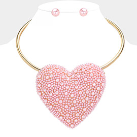 Pearl Studded Oversized Heart Pendant Pointed Necklace