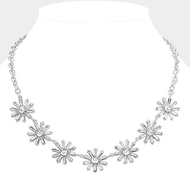Glass Stone Embellished Flower Cluster Link Necklace