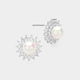 Pearl Accented CZ Stone Paved Spike Stud Earrings