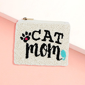 CAT MOM Message Seed Beaded Mini Pouch Bag