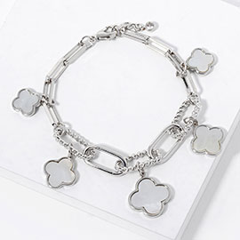White Gold Dipped Mother Of Pearl Quatrefoil Charm Station Chain Bracelet