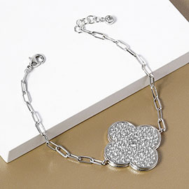 White Gold Dipped Stone Paved Quatrefoil Charm Pointed Paper Clip Chain Bracelet