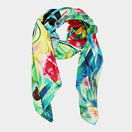 Abstract Flower Pattern Prined Oblong Silky Satin Scarf Shawl
