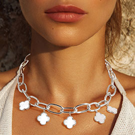 White Gold Dipped Mother Of Pearl Quatrefoil Charm Station Chunky Chain Necklace