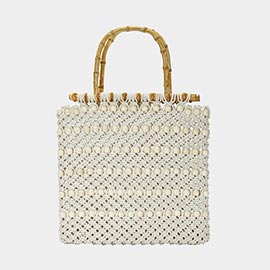 Bamboo Handle Wooden Ball Embroidered Crochet Tote Bag