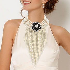 Flower Pointed Pearl Fringe Statement Necklace