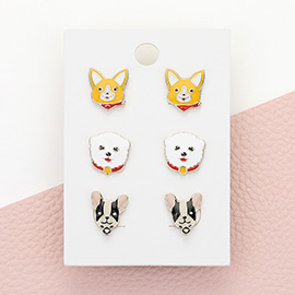 3Pairs - Enamel Dog Face Stud Earring Set