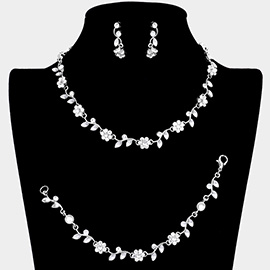 3PCS - Flower Leaf Cluster Rhinestone Necklace Jewelry Set