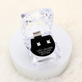 4mm Square Crystal Cubic Zirconia CZ Stud Earrings with Clear Box