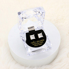 7mm Square Crystal Cubic Zirconia CZ Stud Earrings with Clear Box