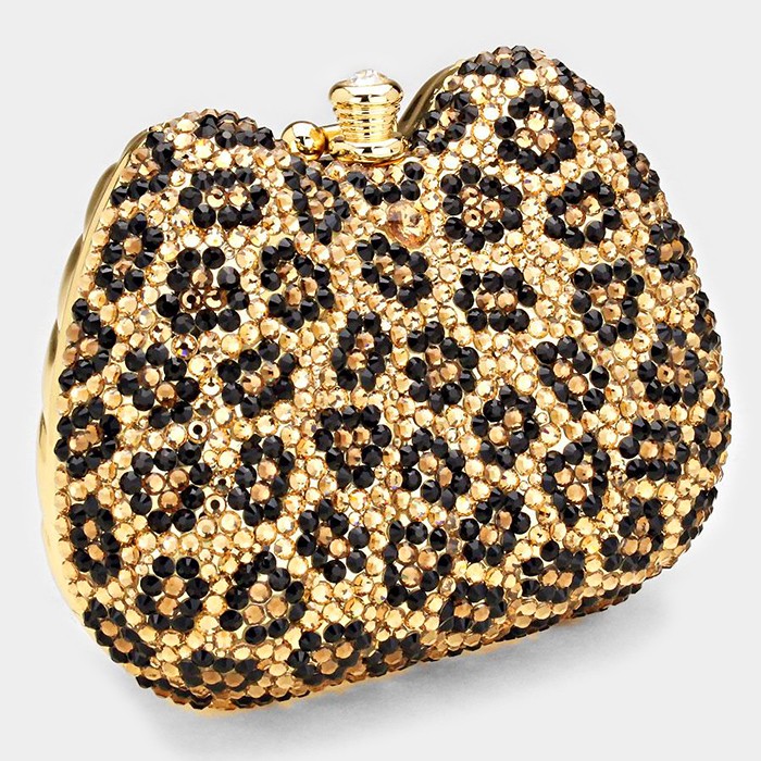 Leopard Pattern Crystal Evening Clutch Bag With Strap _ Reduced Price