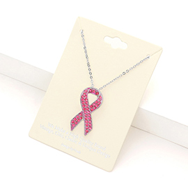 Rhinestone Embellished Metal Pink Ribbon Pendant Necklace