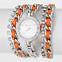 Crystal Dial Leather Chain Wrap Watch

