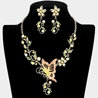 Butterfly Accented Flower Rhinestone Necklace