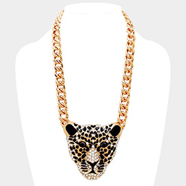 Crystal metal leopard ornate necklace