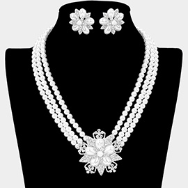 Crystal Rhinestone Paved Flower Bloom Pearl Triple Strand Necklace