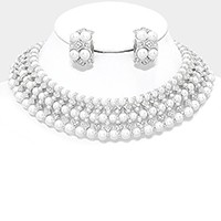 Pearl Crystal Rhinestone Collar Necklace & Clip Earring Set