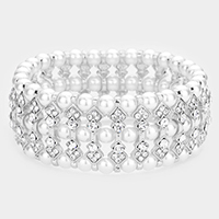Multi-row crystal & pearl stretch bracelet