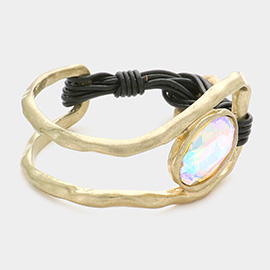 Oval Crystal Accented Hammered Metal Toggle Bracelet