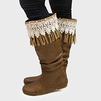 1-Pair Lace Accented Suede Fringe Boot Toppers