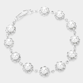 Round Crystal Rhinestone Pearl Rosette Evening Bracelet