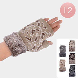 12PCS - Leopard Pattern Knit Fur Fingerless Gloves