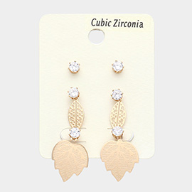 3Pairs - CZ Stone Pointed Leaf Stud Earring Set
