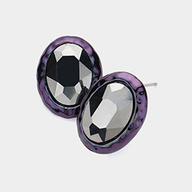 Hammered Metal Oval Crystal Stud Earrings
